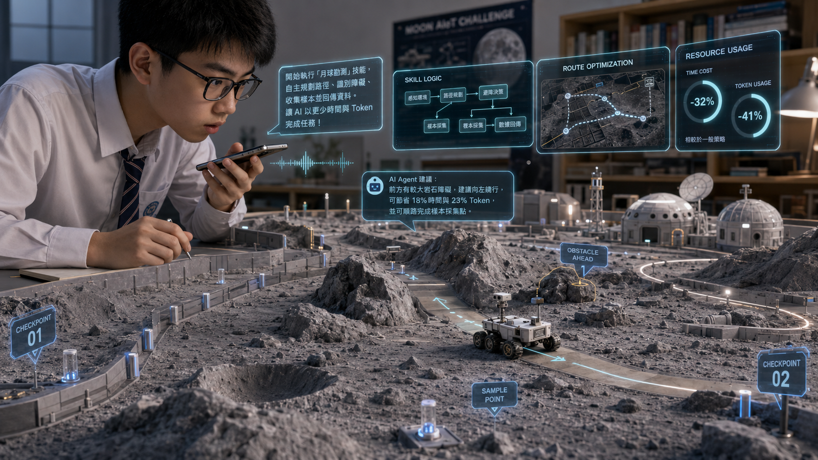 Student controls a lunar rover with phone and AI Agent feedback